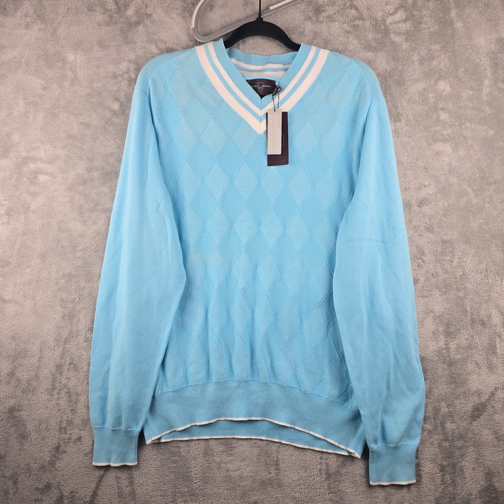 Black Brown 1826 Varsity Sweater Mens Size Large Blue Golf Light V-Neck Pullover